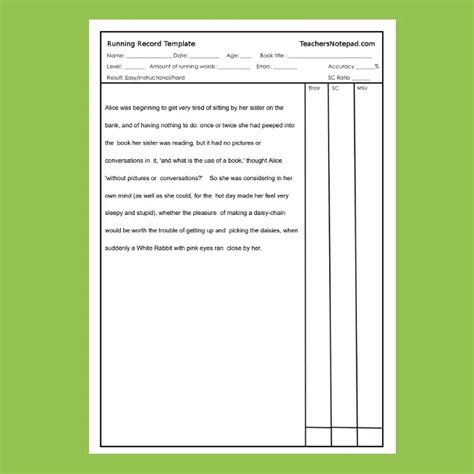 Running Record Template Teachers Notepad Blank Editable Running