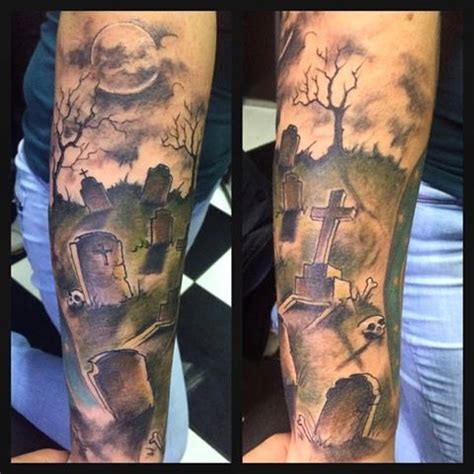 You can also have this design with the departed loved one's name on it. #cemetery tattoo ideas #graveyard tattoos #scary tattoos # ...