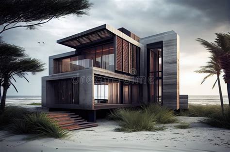 Modern Beachfront Villa With Sleek Design And Natural Materials Stock