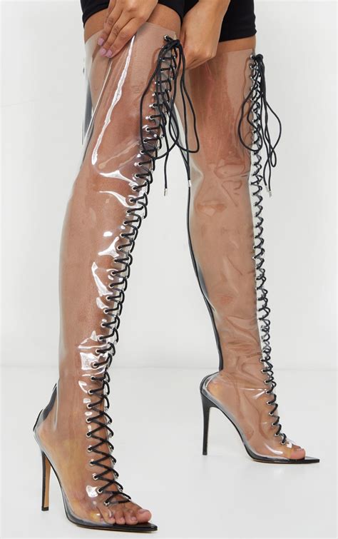 Clear Lace Up Thigh High Boots Shoes Prettylittlething Usa