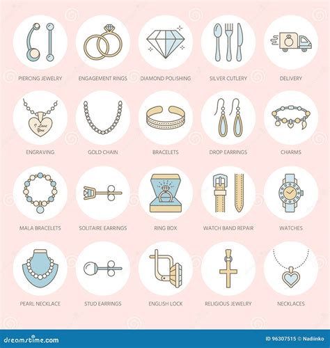 Jewelry Flat Line Icons Jewellery Store Signs Jewels Accessories