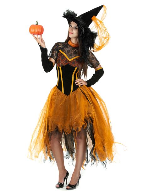 Déguisement Sorcière Dentellée Orange Femme Halloween Deguise Toi Achat De Déguisements Adultes