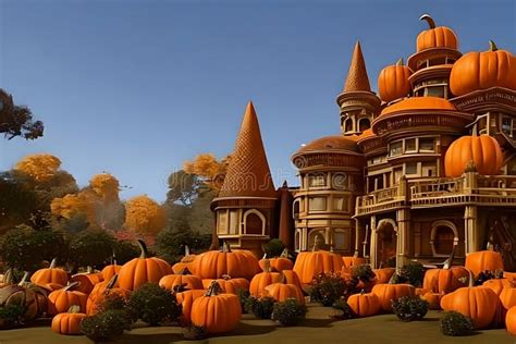 Halloween Background With Haunted House And Pumpkins Traditional