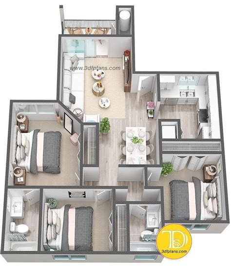 3d Floor Plan 3 Bedrooms In Florida Apartmentfloorplans 1000 In