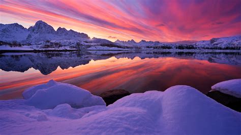Download 1920x1080 Lake Arctic Reflection Snow Sunset Wallpapers