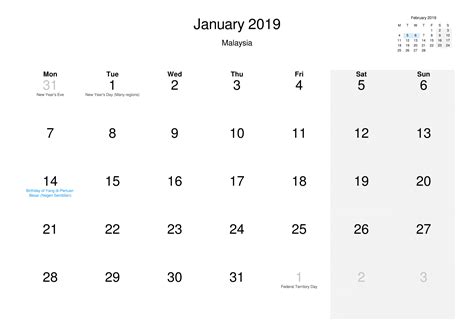 January 2019 Calendar With Holidays Usa Uk Canada India Australia