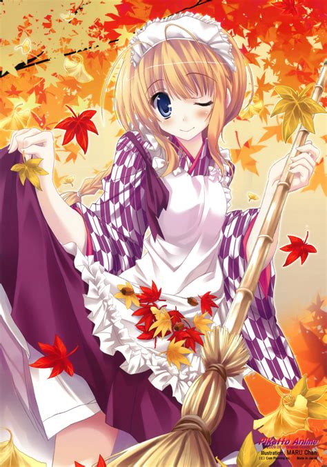 Safebooru 1girl Absurdres Apron Autumn Autumn Leaves Bamboo Broom Blonde Hair Blue Hair