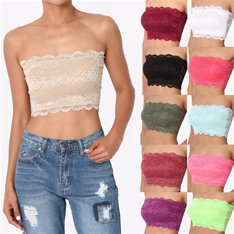 Themogan Floral Lace Crop Bandeau Stretch Tube Bra Top Strapless