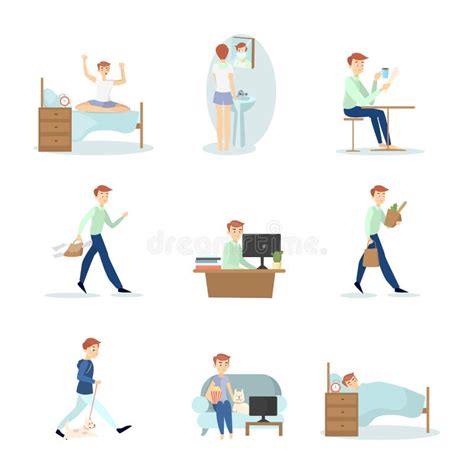 Daily Routine Of A Man Guy Waking Up In The Morning Stock Vector