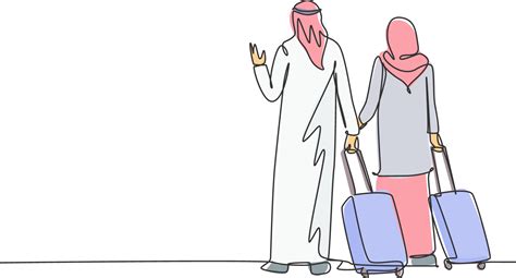 One Continuous Line Drawing Of Young Male And Female Muslim Couple Do Business Trip To Abroad