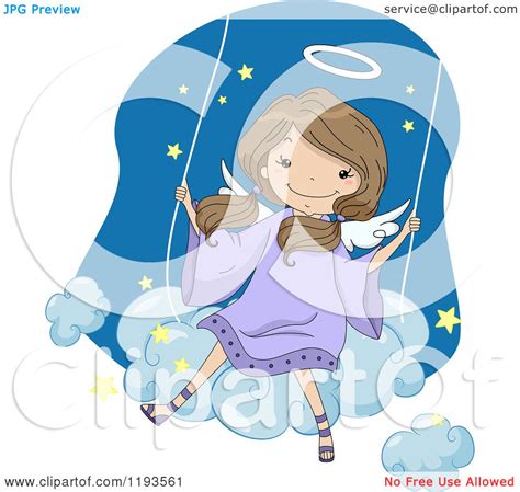 Cartoon Of A Cute Angel Girl Swinging On A Cloud Royalty