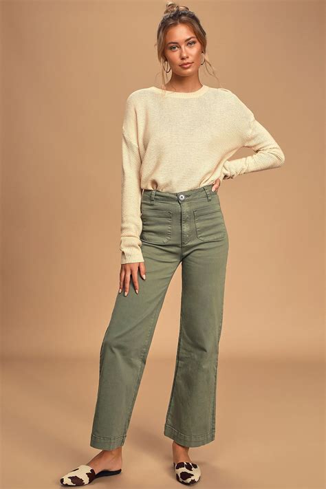 Sailor Olive Green High Waisted Cropped Wide Leg Jeans Olive Green
