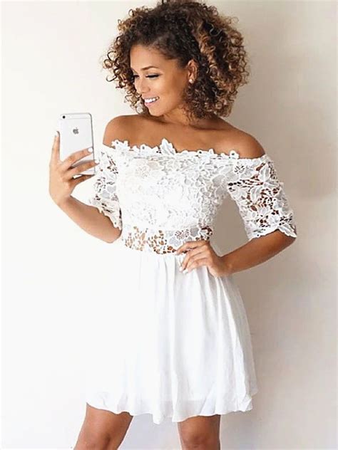 Short Sleeves Short White Lace Prom Dresses Short White Lace Formal
