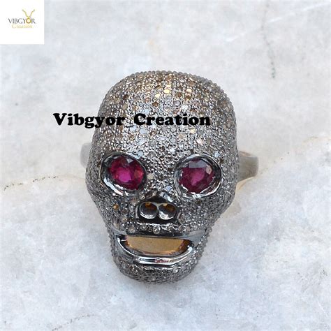 Pave Diamonds Skull Ring Ruby Eyes Unisex Ring 925 Solid Silver