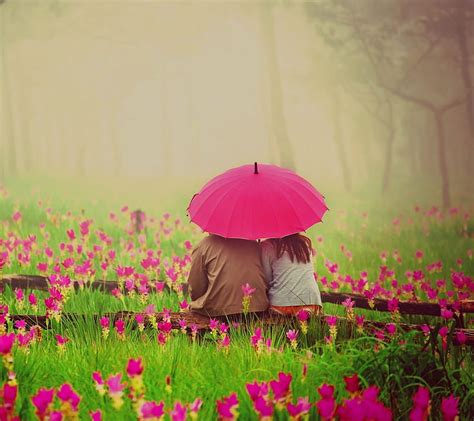 Couple With Umbrella Couple Flowers Love Rain Umbrella Hd