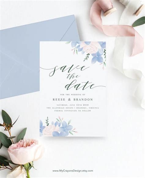 Floral Wedding Save The Dates Template Dusty Blue Wedding Etsy