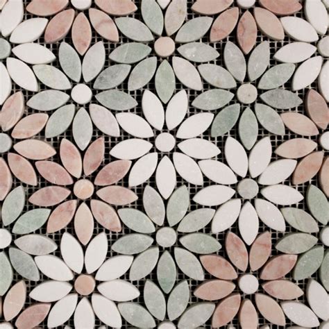 daisy flower pattern green celeste thassos pink tumbled marble mosaic tiles