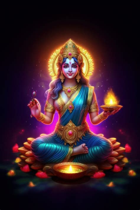 beautiful goddess laxmi sitting on lotus with lots of lotus generative ai stock illustration