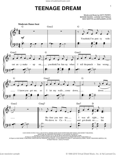 Teenage Dream sheet music for piano solo (PDF-interactive)