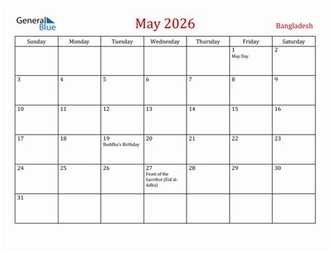 May 2026 Bangladesh Monthly Calendar With Holidays