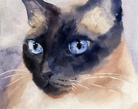 Siamese Cat Art Print Giclée Watercolor Painting On Blue Large Etsy