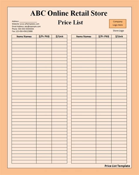 Price List Template Free Word Templates