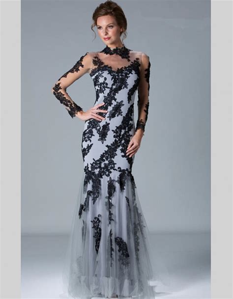 2015 Tulle Black Long Sleeve Lace Mermaid Evening Dress High Neck Floor