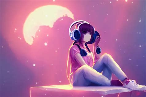 A Cute Anime Girl Wearing Headphones Sitting On A Stable Diffusion