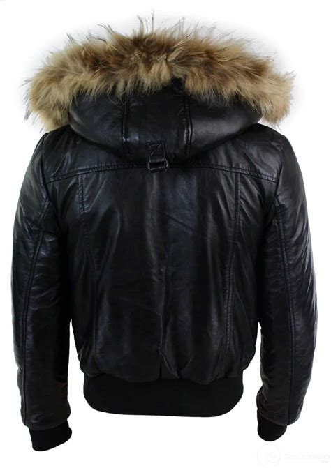 Mens real fur hood bomber leather jacket black puffer padded-black: buy