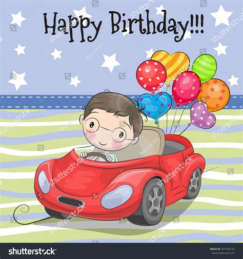 Greeting Card Cute Cartoon Boy On A Car With Balloon Cute Cartoon Boy