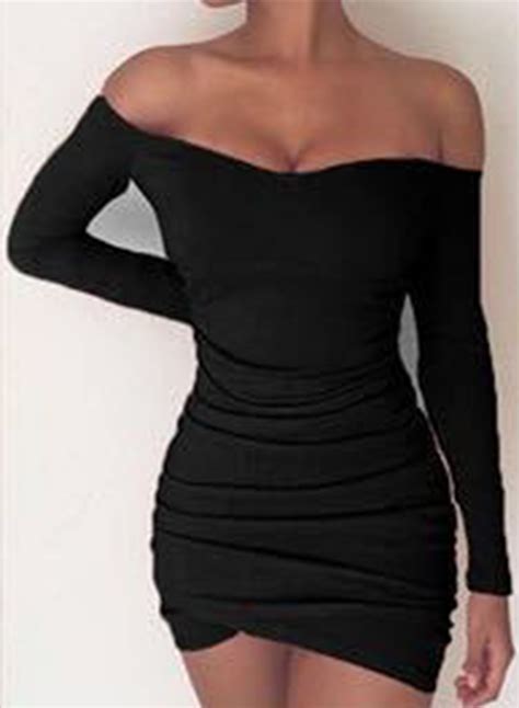Womens Solid Off Shoulder Long Sleeve Ruched Bodycon Mini Dress
