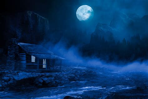 2048x1152 House Night Full Moon Fantasy Lake Flowing On