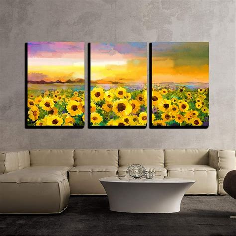 Wall26 3 Piece Canvas Wall Art Oil Painting Yellow Golden Sunflower Daisy Flowers In