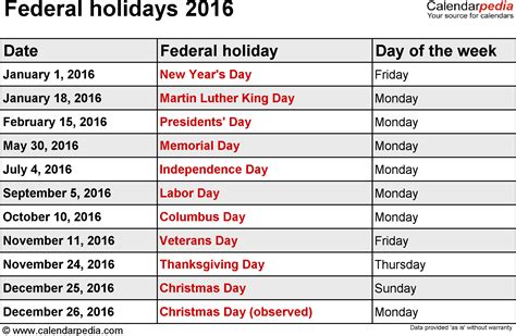 2016 Calendar With Holidays Usa