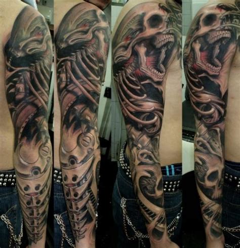 Biomechanical Skull Sleeve Tattoo By Javier Tattoo