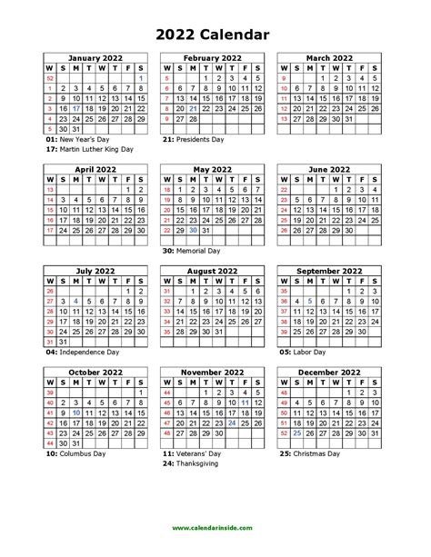 2022 Calendar Printable One Page Free Monthly