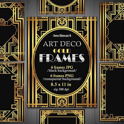 Frames Art Deco Clipart Set Of 6 Digital Metallic Gold