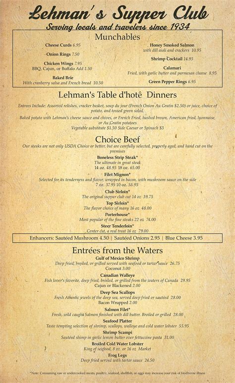 Menu at Lehman's Supper Club, Rice Lake