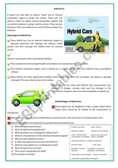 English Worksheets Hybrid Cars