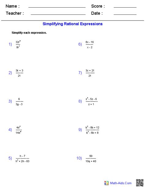 The math worksheets are randomly and dynamically generated by our math worksheet generators. Algebra 2 Worksheets | Rational Expressions Worksheets