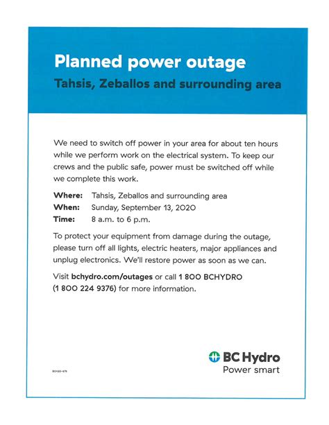 Tahsis Living Planned Power Outage