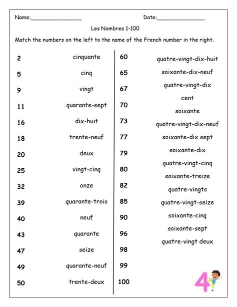 French Numbers Nombres Numbers Chart Worksheets Liste