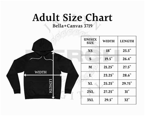Instant Download 3719 Bella Canvas Size Chart Unisex Sponge Fleece