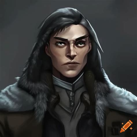 male dhampir in black fur winter cloak dnd character portrait ranger