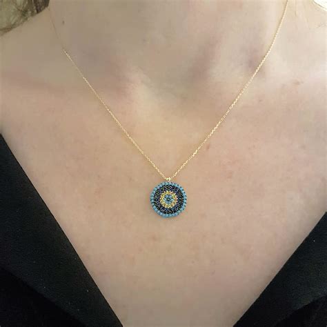 14K Real Solid Gold Evil Eye Round Circle Design With Zirconia Stones