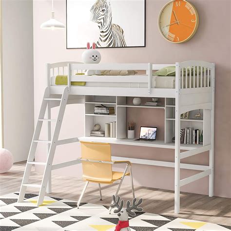 Churanty Twin Size Loft Bed With Storage Shelves Desk And Ladder