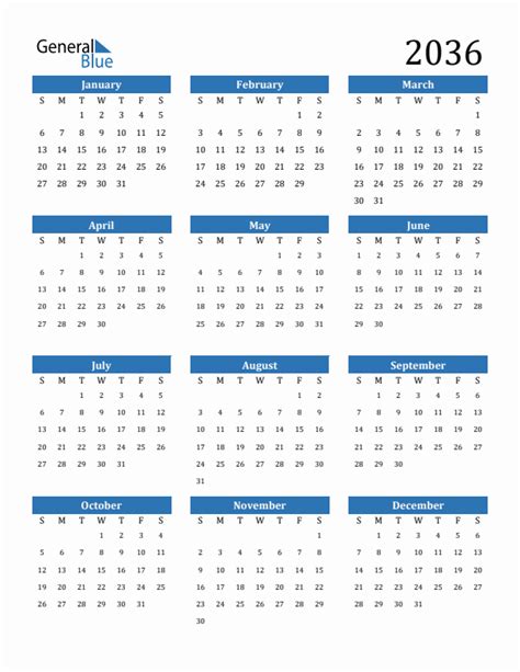 2036 Yearly Calendar