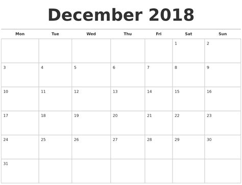 December 2018 Calendars Free