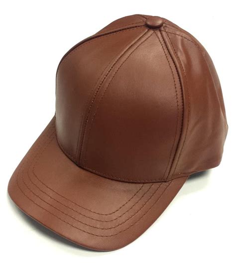 Brown Leather Baseball Cap With Adjustable Velcro Strap