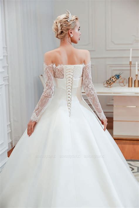 Bmbridal Long Sleeve Off The Shoulder Satin Wedding Dress With Lace